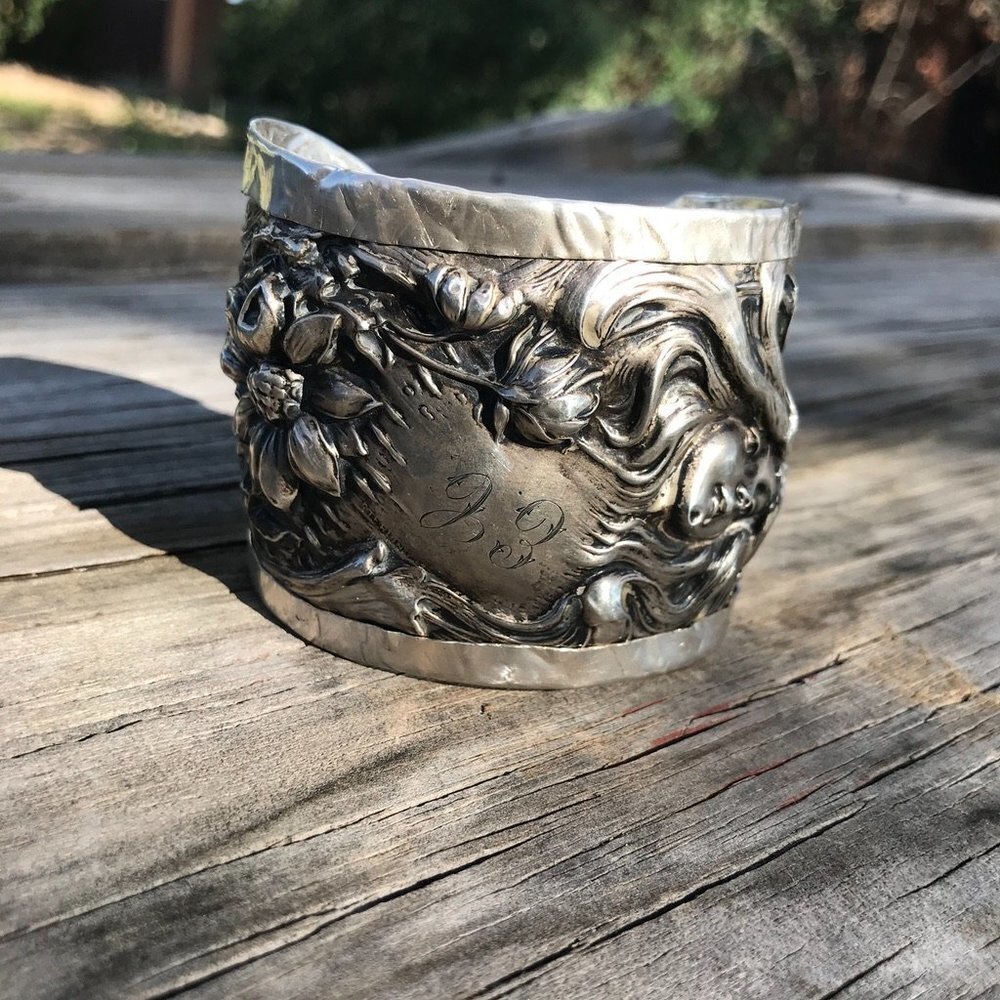 Antique Art Nouveau American Beauty Sterling Silver 925 Cuff Bracelet Lady Face - Picture 5 of 13